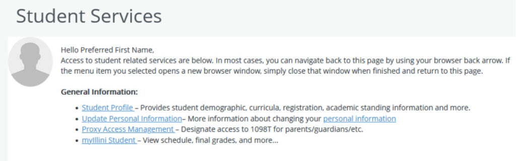 screenshot of new Student Services UI, highlighting General Information
